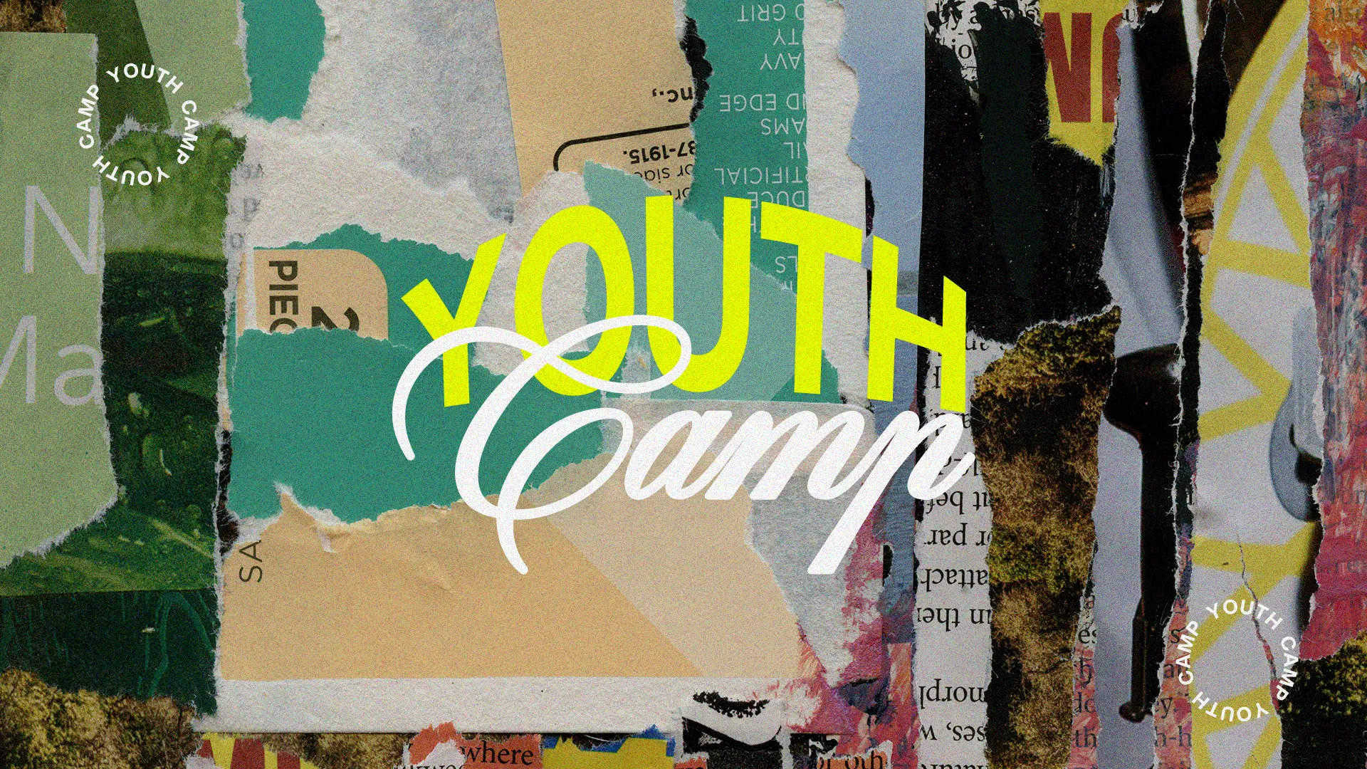 Elevate your church's youth program with this vibrant "Youth Camp" graphic, designed to capture attention and ignite spiritual growth. Its dynamic collage of textures and bright colors perfectly represents the energetic and transformative experience of summer camp.