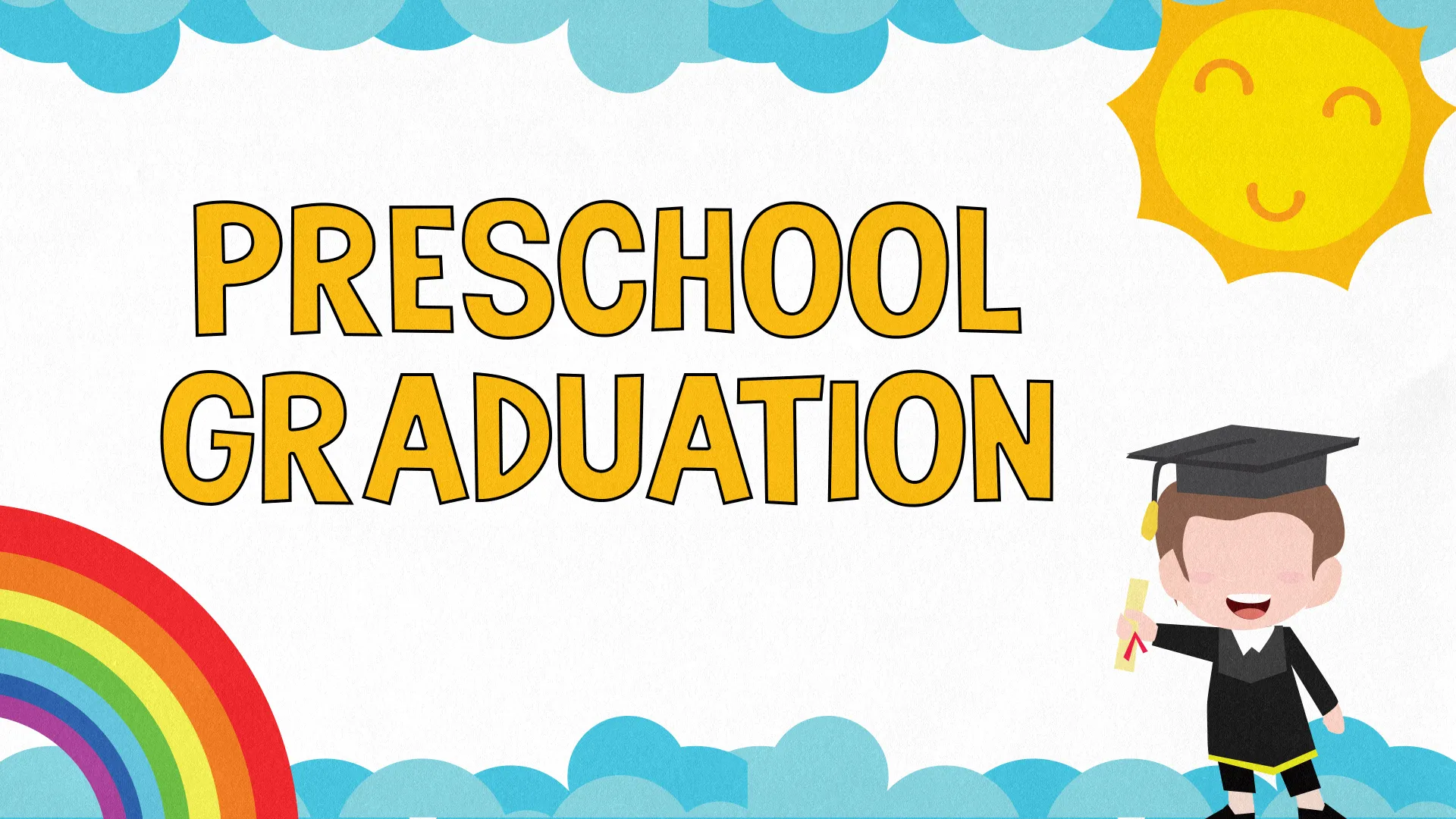 Celebrate the accomplishments of your little graduates with this adorable "Preschool Graduation" graphic. Featuring cheerful illustrations of a rainbow, sun, and a graduating child, it perfectly captures the joy and innocence of this special milestone.