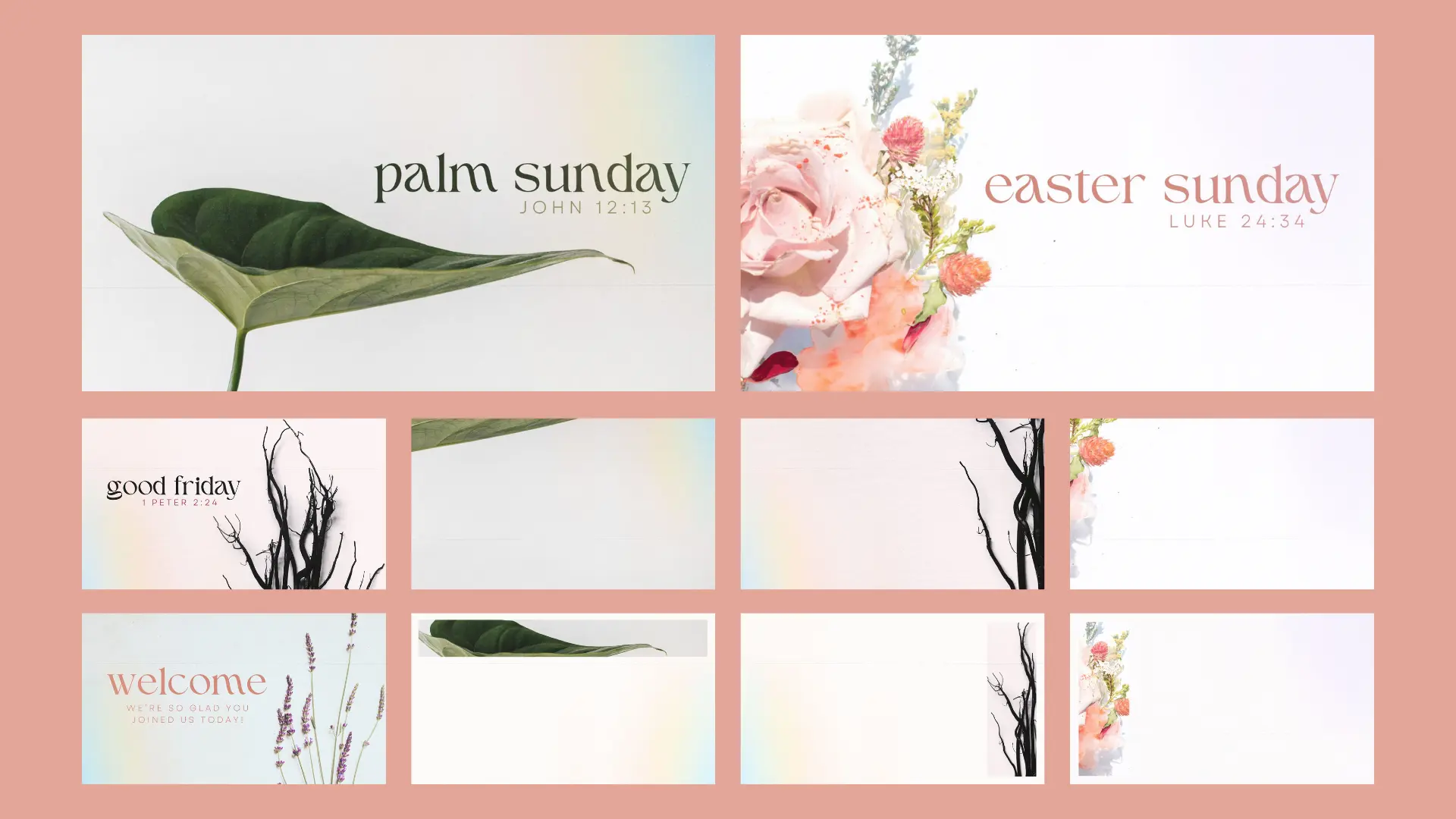 This Serene And Elegant Church Canva Slide Pack Captures The Spirit Of Holy Week With A Focus On Palm Sunday, Easter Sunday, And Good Friday, Complemented By A Warm Welcome For Attendees.