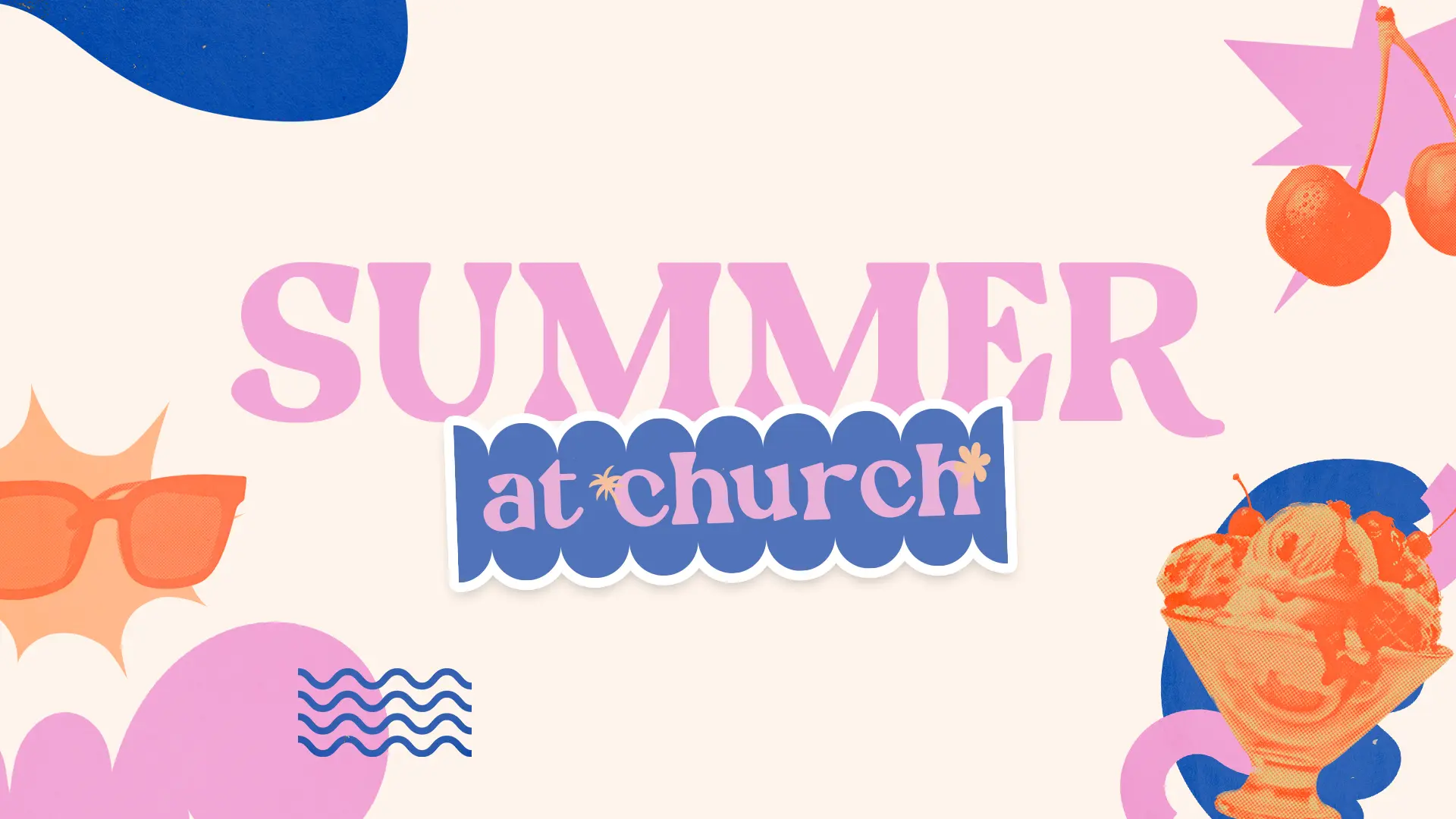 Welcome your community with a bright, cheerful "Summer at Church" graphic, perfect for promoting summer events and sermon series. The bold pink text pops against the cream background accented with whimsical shapes in vivid summer colors.